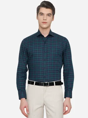 Navy Blue & Green Checked Slim Fit Formal Shirt | JadeBlue