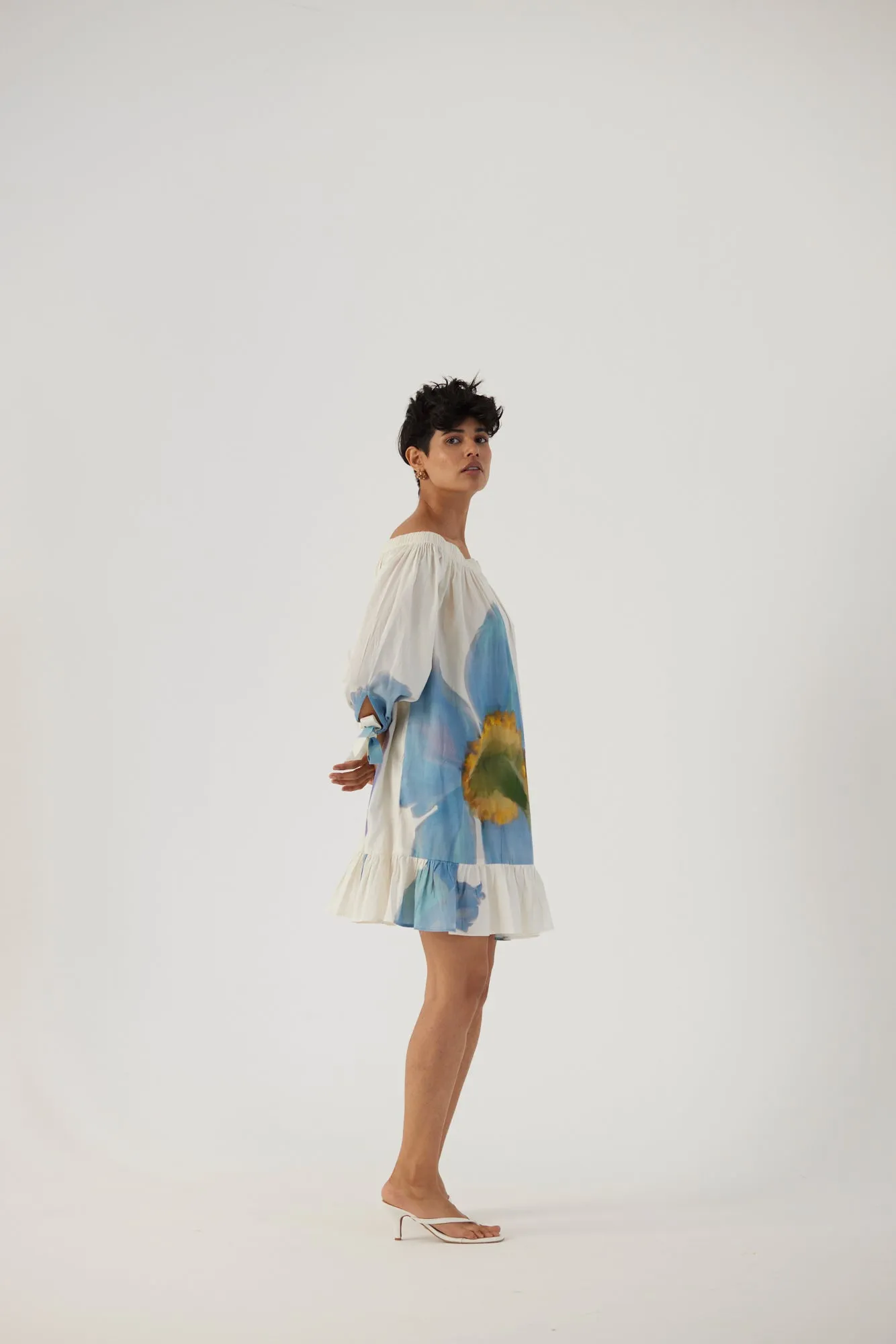 New Season Fall 24/Summer 25-Dress Cotton Satin Off-Shoulder Blue Poppies White-YAMBB13-Fashion Edit Yam