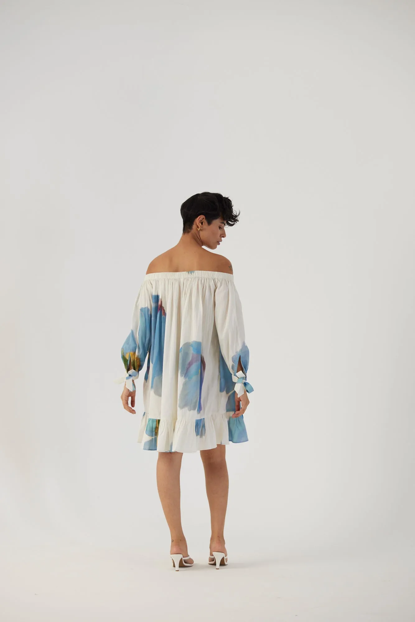 New Season Fall 24/Summer 25-Dress Cotton Satin Off-Shoulder Blue Poppies White-YAMBB13-Fashion Edit Yam