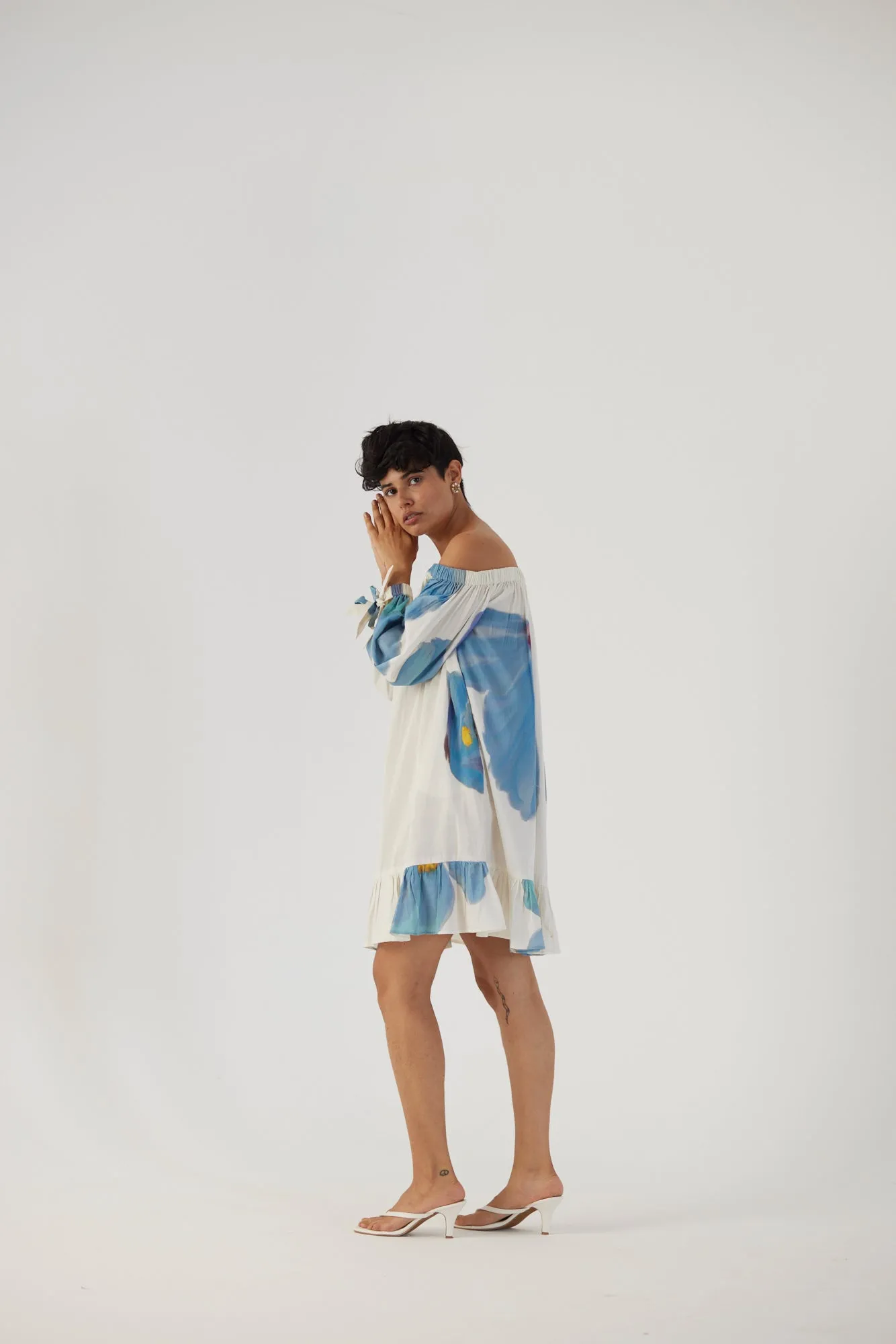 New Season Fall 24/Summer 25-Dress Cotton Satin Off-Shoulder Blue Poppies White-YAMBB13-Fashion Edit Yam