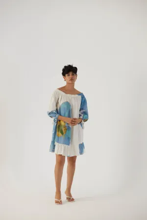 New Season Fall 24/Summer 25-Dress Cotton Satin Off-Shoulder Blue Poppies White-YAMBB13-Fashion Edit Yam