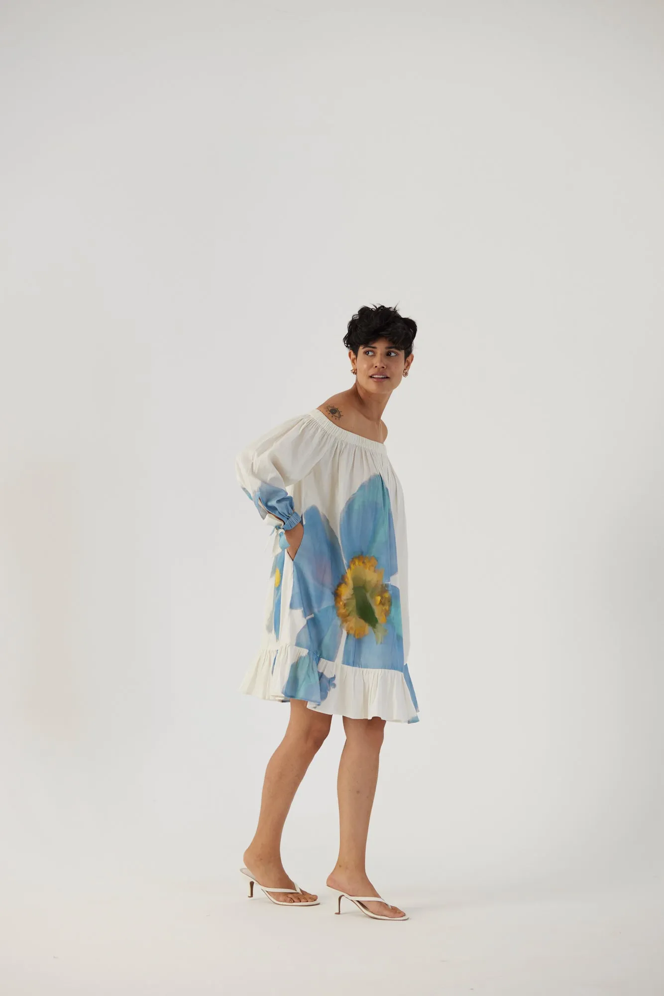 New Season Fall 24/Summer 25-Dress Cotton Satin Off-Shoulder Blue Poppies White-YAMBB13-Fashion Edit Yam
