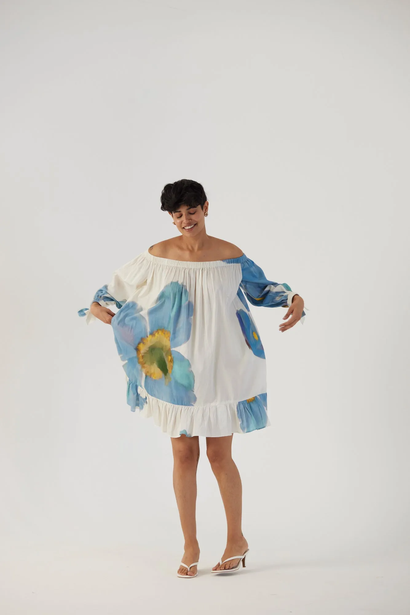 New Season Fall 24/Summer 25-Dress Cotton Satin Off-Shoulder Blue Poppies White-YAMBB13-Fashion Edit Yam