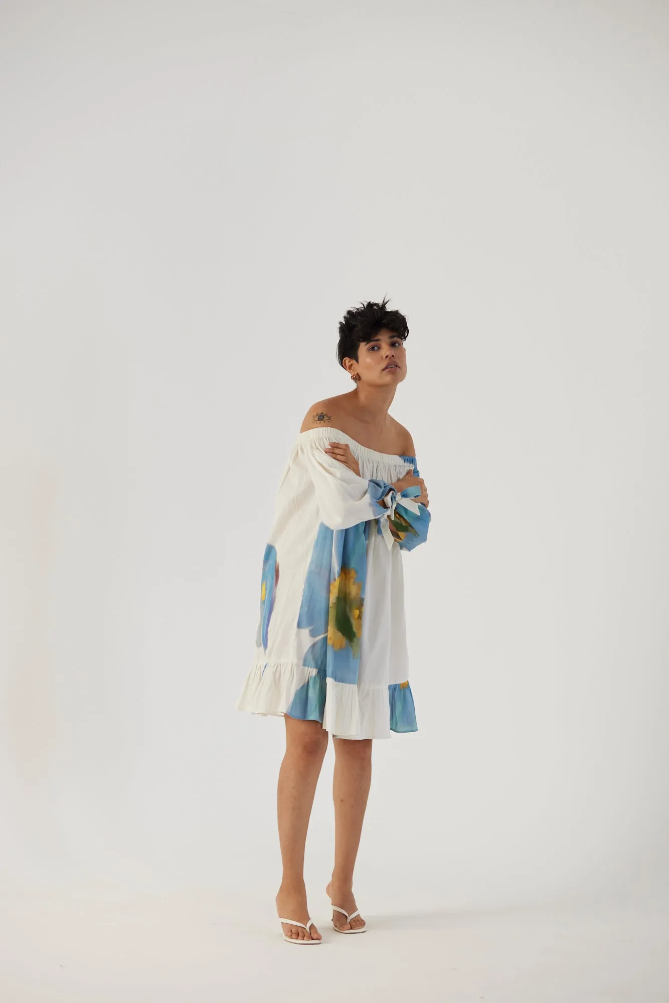 New Season Fall 24/Summer 25-Dress Cotton Satin Off-Shoulder Blue Poppies White-YAMBB13-Fashion Edit Yam