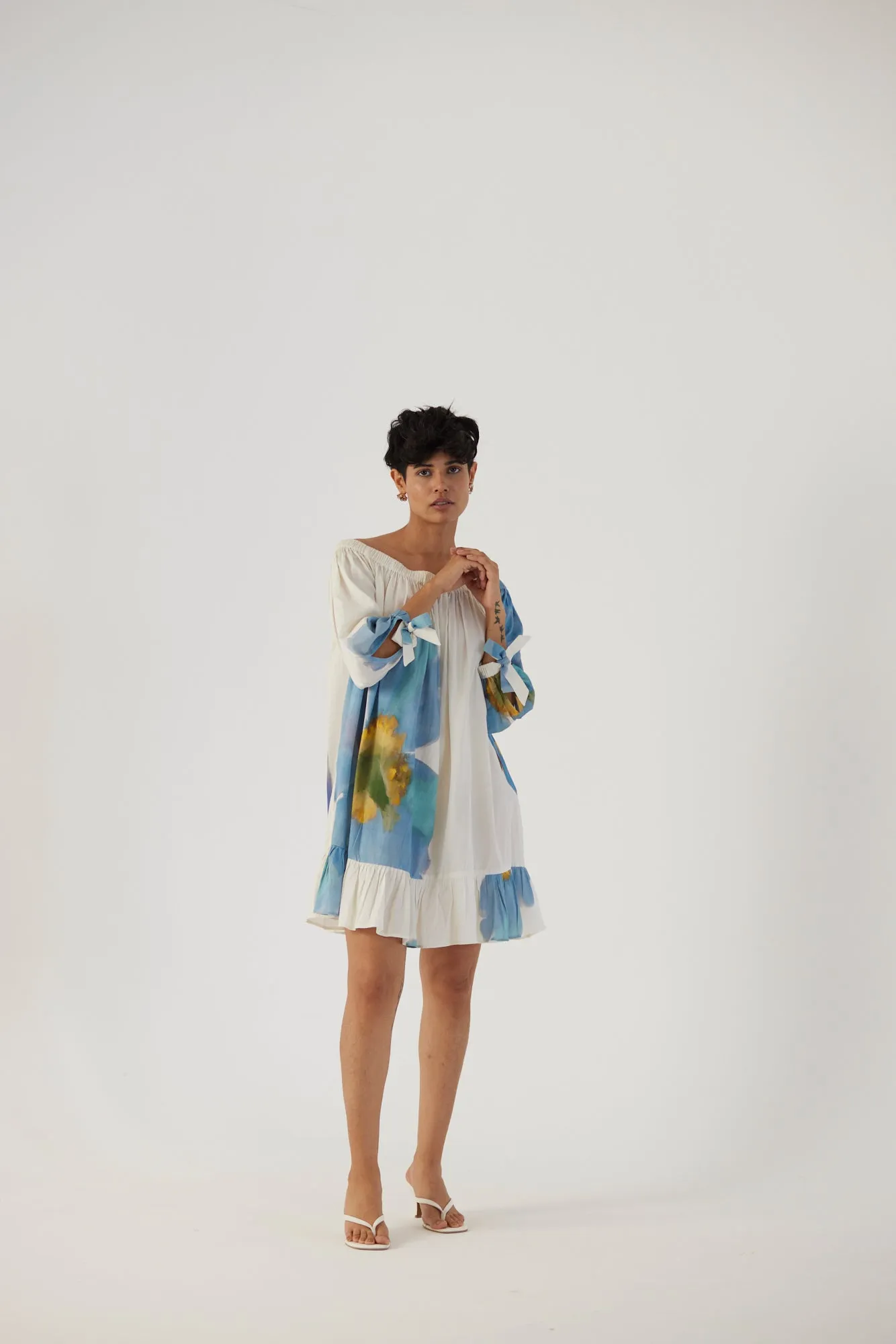 New Season Fall 24/Summer 25-Dress Cotton Satin Off-Shoulder Blue Poppies White-YAMBB13-Fashion Edit Yam