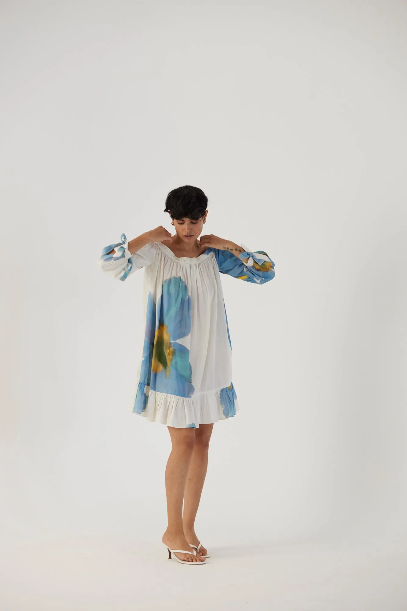 New Season Fall 24/Summer 25-Dress Cotton Satin Off-Shoulder Blue Poppies White-YAMBB13-Fashion Edit Yam