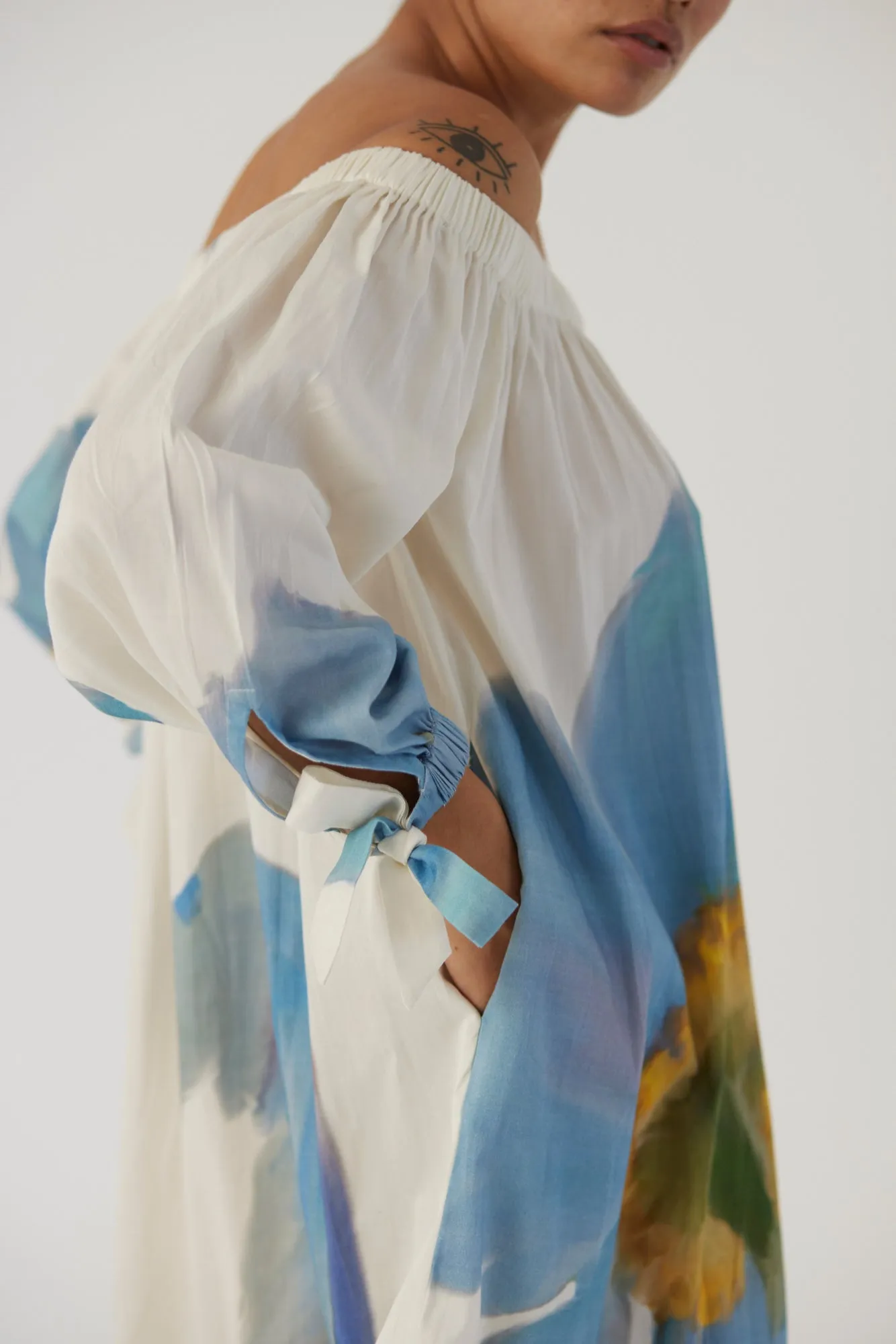 New Season Fall 24/Summer 25-Dress Cotton Satin Off-Shoulder Blue Poppies White-YAMBB13-Fashion Edit Yam