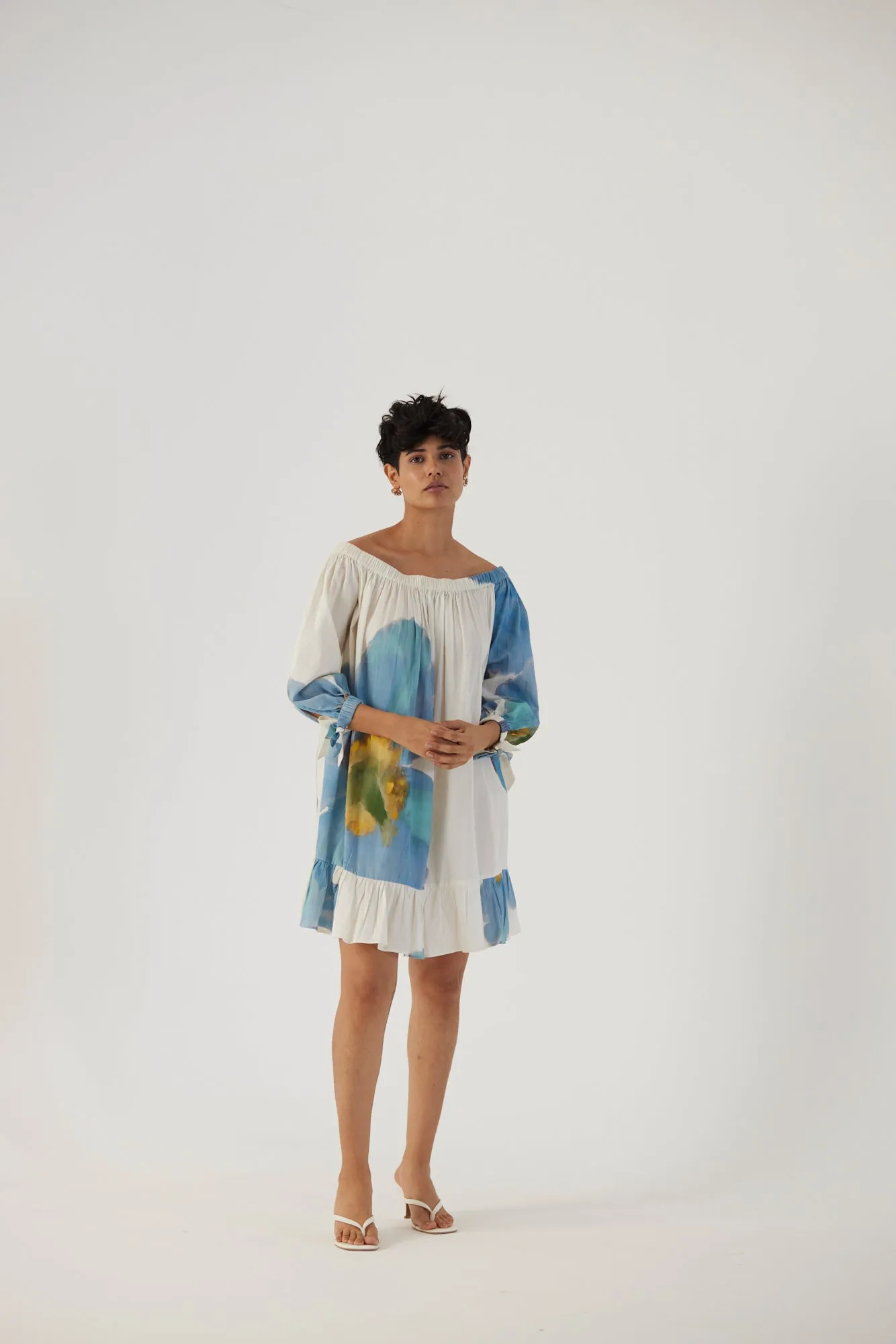 New Season Fall 24/Summer 25-Dress Cotton Satin Off-Shoulder Blue Poppies White-YAMBB13-Fashion Edit Yam
