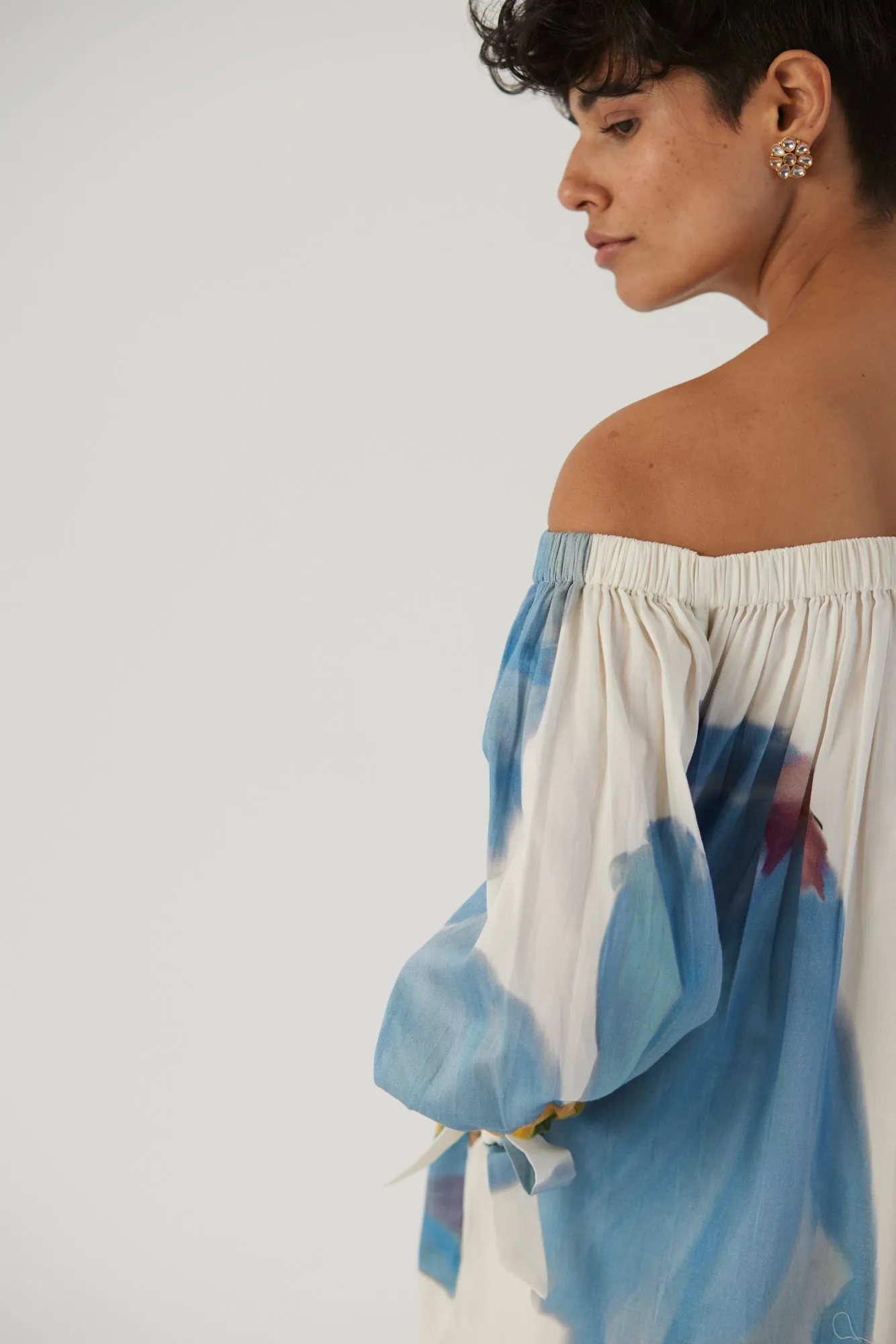 New Season Fall 24/Summer 25-Dress Cotton Satin Off-Shoulder Blue Poppies White-YAMBB13-Fashion Edit Yam