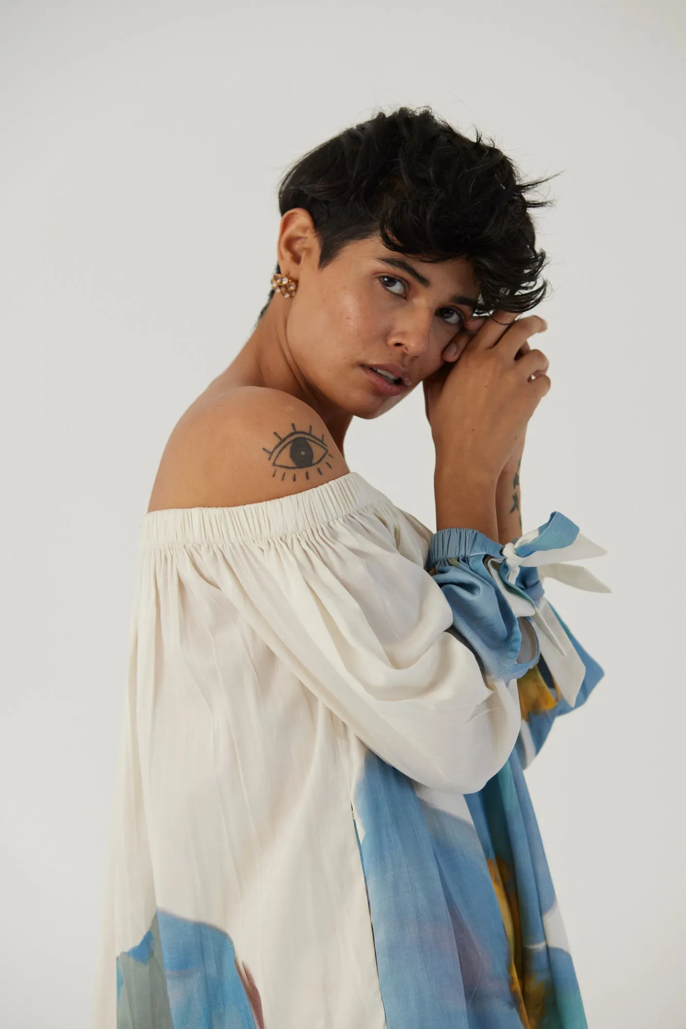 New Season Fall 24/Summer 25-Dress Cotton Satin Off-Shoulder Blue Poppies White-YAMBB13-Fashion Edit Yam