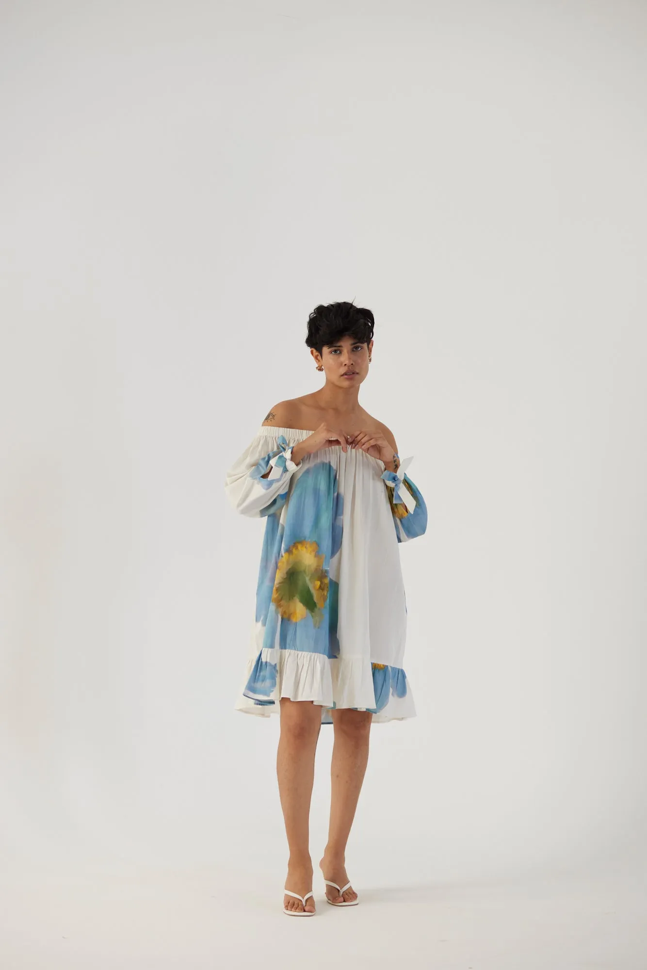 New Season Fall 24/Summer 25-Dress Cotton Satin Off-Shoulder Blue Poppies White-YAMBB13-Fashion Edit Yam