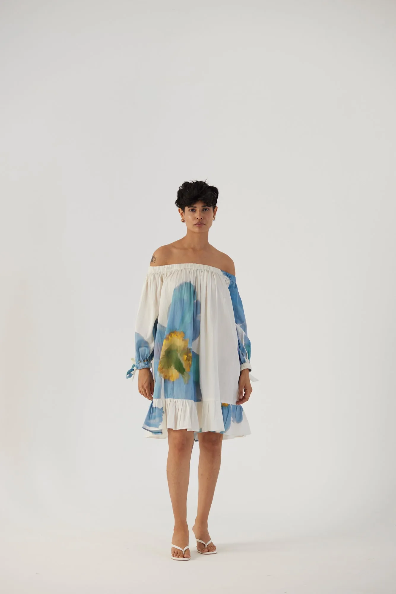 New Season Fall 24/Summer 25-Dress Cotton Satin Off-Shoulder Blue Poppies White-YAMBB13-Fashion Edit Yam