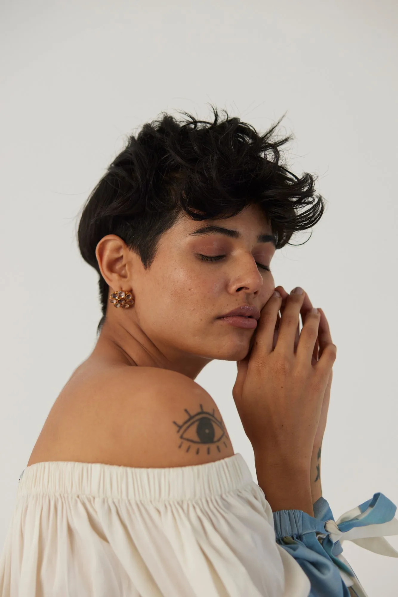 New Season Fall 24/Summer 25-Dress Cotton Satin Off-Shoulder Blue Poppies White-YAMBB13-Fashion Edit Yam