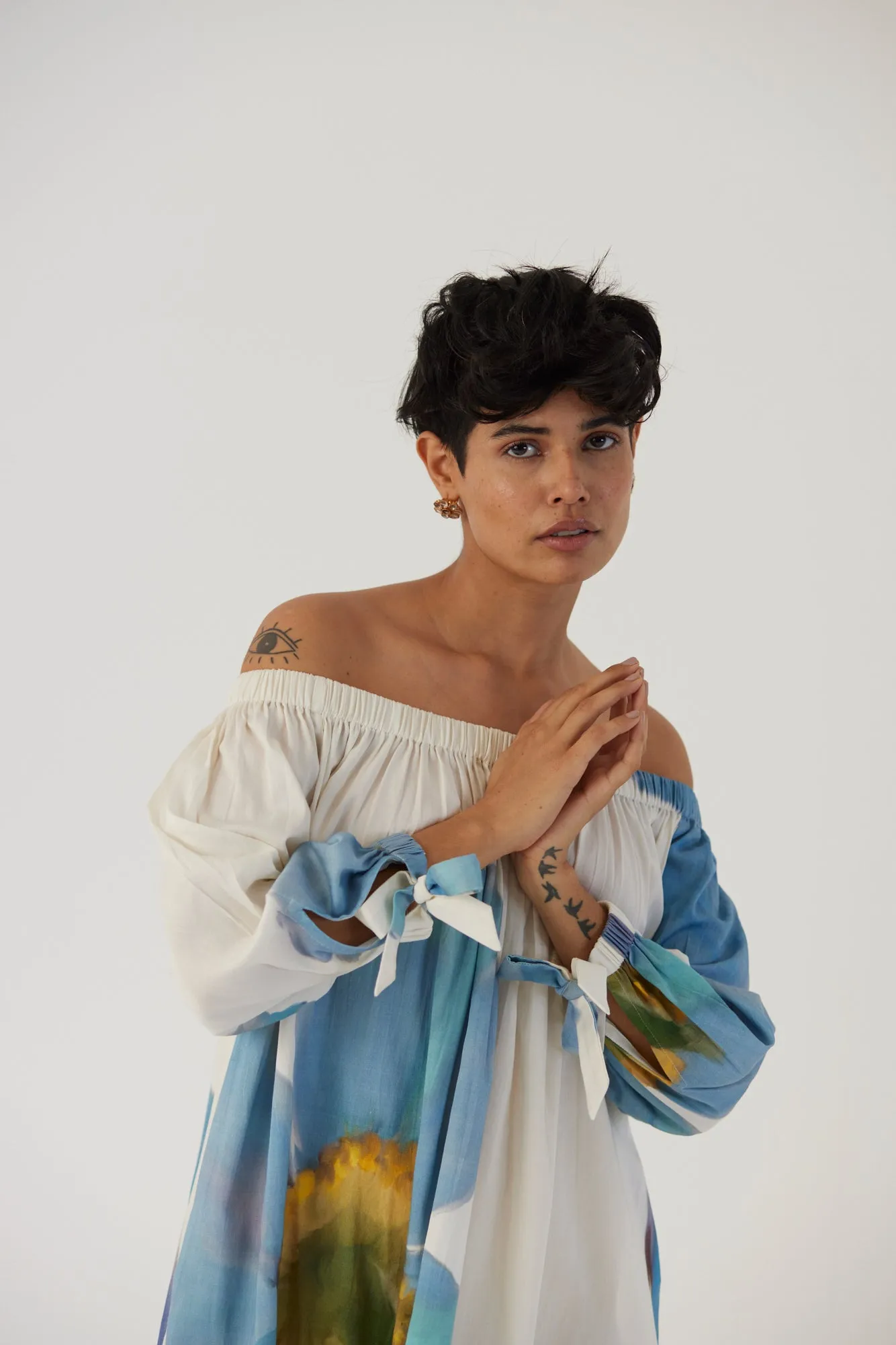 New Season Fall 24/Summer 25-Dress Cotton Satin Off-Shoulder Blue Poppies White-YAMBB13-Fashion Edit Yam