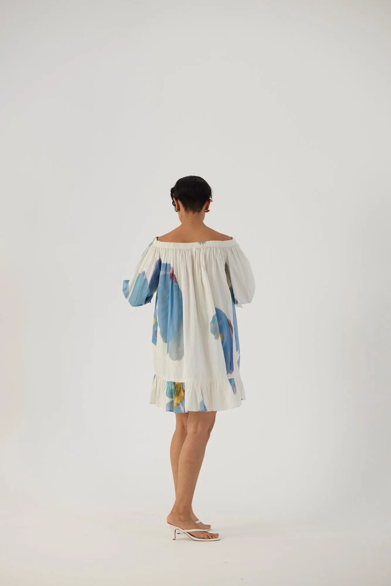 New Season Fall 24/Summer 25-Dress Cotton Satin Off-Shoulder Blue Poppies White-YAMBB13-Fashion Edit Yam