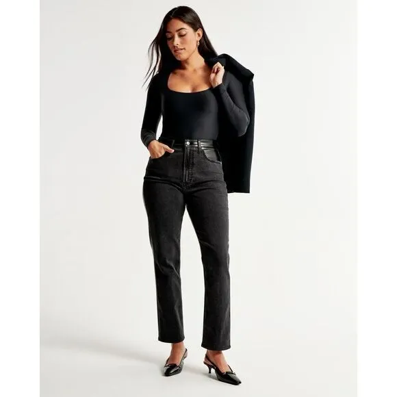 NWT Abercrombie Vegan Leather Ankle Straight Ultra High Rise Black Jeans 26 2 S
