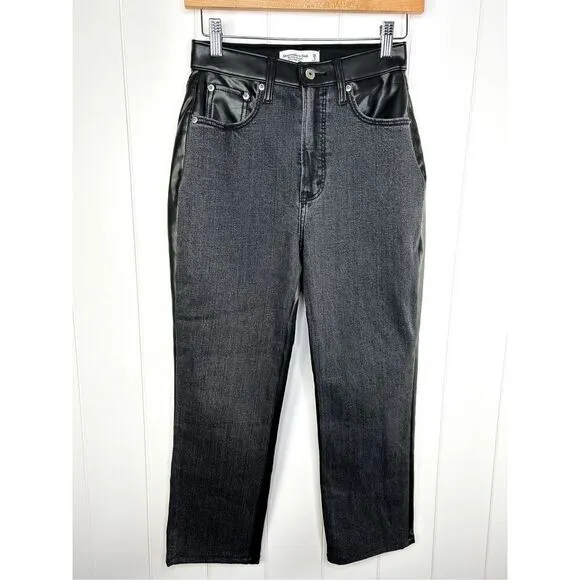 NWT Abercrombie Vegan Leather Ankle Straight Ultra High Rise Black Jeans 26 2 S