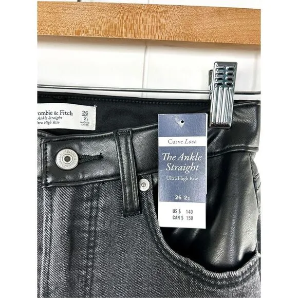 NWT Abercrombie Vegan Leather Ankle Straight Ultra High Rise Black Jeans 26 2 S