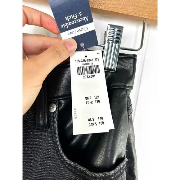 NWT Abercrombie Vegan Leather Ankle Straight Ultra High Rise Black Jeans 26 2 S