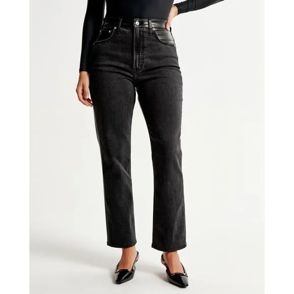 NWT Abercrombie Vegan Leather Ankle Straight Ultra High Rise Black Jeans 26 2 S