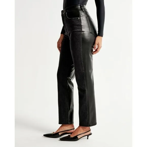 NWT Abercrombie Vegan Leather Ankle Straight Ultra High Rise Black Jeans 26 2 S