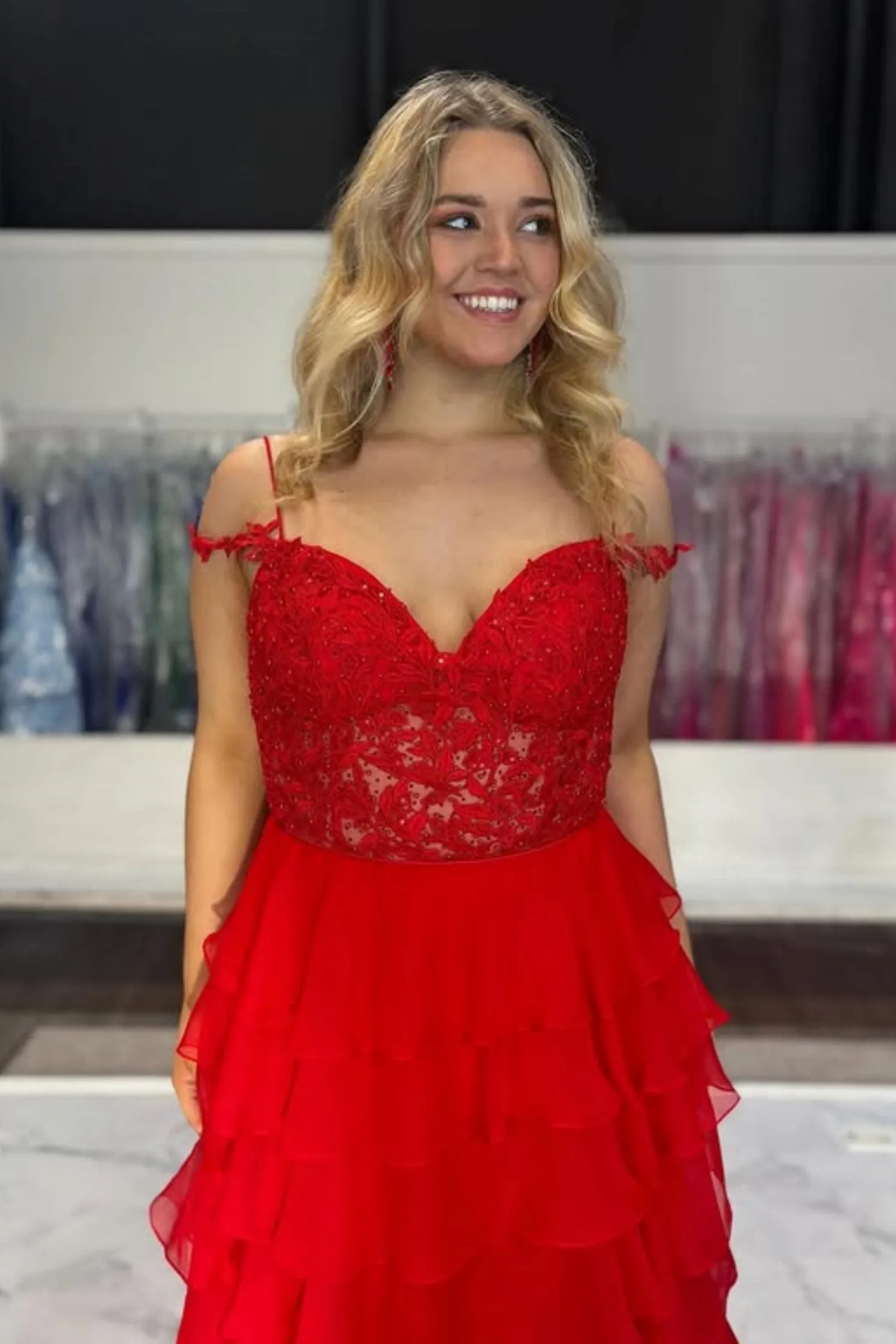 Off the Shoulder Layered Yellow/Red Lace Long Prom Dress with High Slit, Yellow/Red Lace Formal Graduation Evening Dress