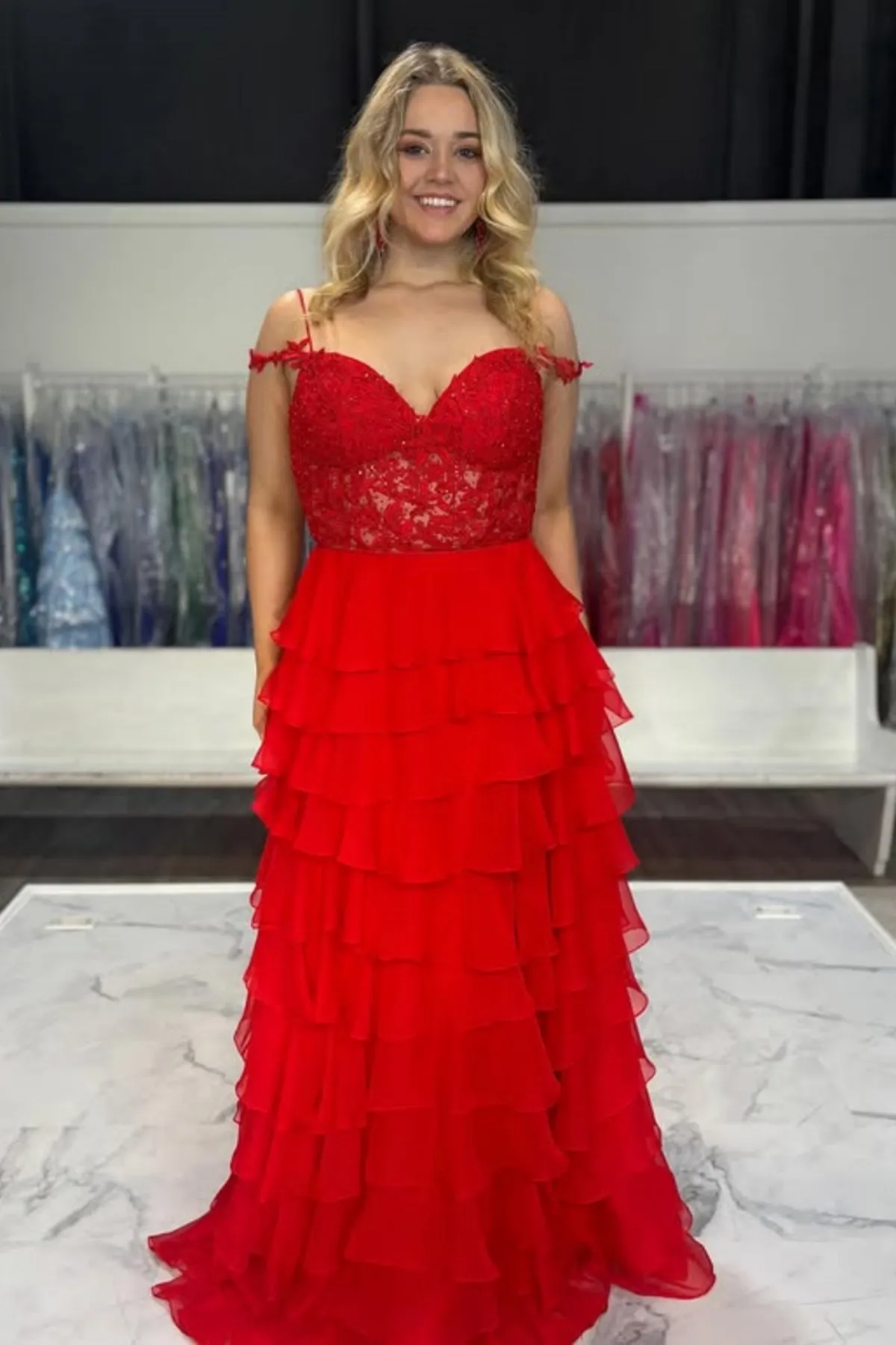 Off the Shoulder Layered Yellow/Red Lace Long Prom Dress with High Slit, Yellow/Red Lace Formal Graduation Evening Dress