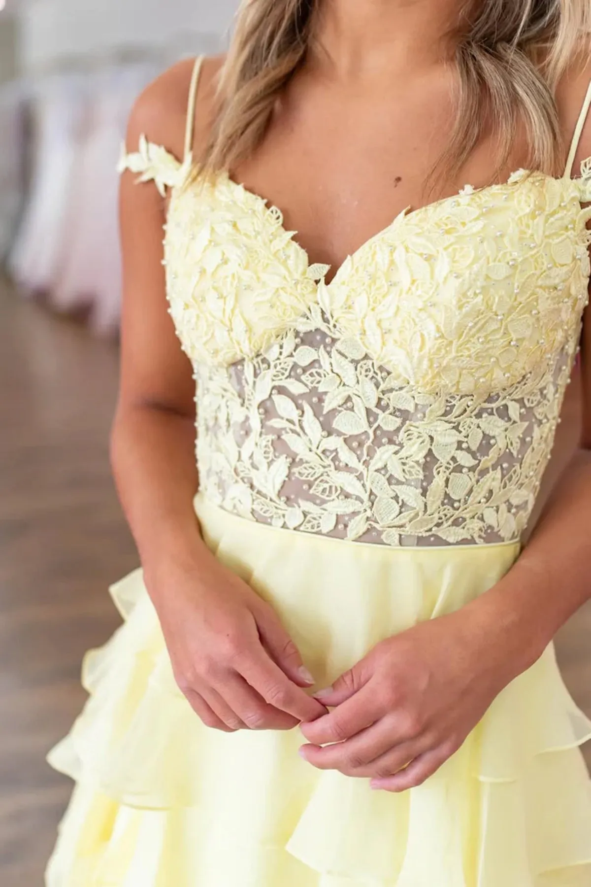 Off the Shoulder Layered Yellow/Red Lace Long Prom Dress with High Slit, Yellow/Red Lace Formal Graduation Evening Dress