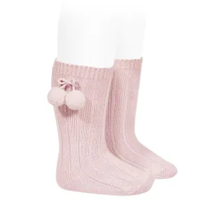 Pink Knee High Pom Pom Socks