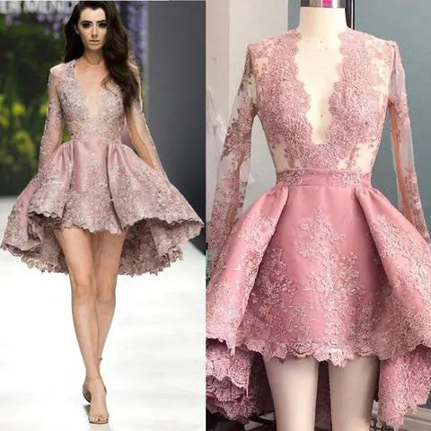 Pink Lace Applique Deep V-Neck Long Sleeves Homecoming Dress