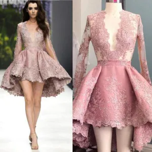 Pink Lace Applique Deep V-Neck Long Sleeves Homecoming Dress