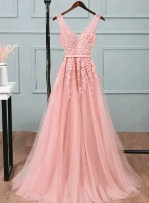 Pink V-neckline Long Party Dress, Tulle Bridesmaid Dresses