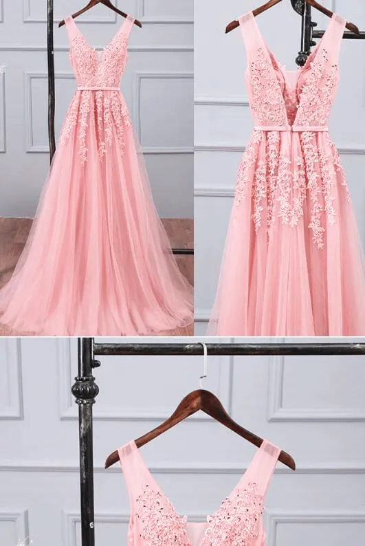 Pink V-neckline Long Party Dress, Tulle Bridesmaid Dresses