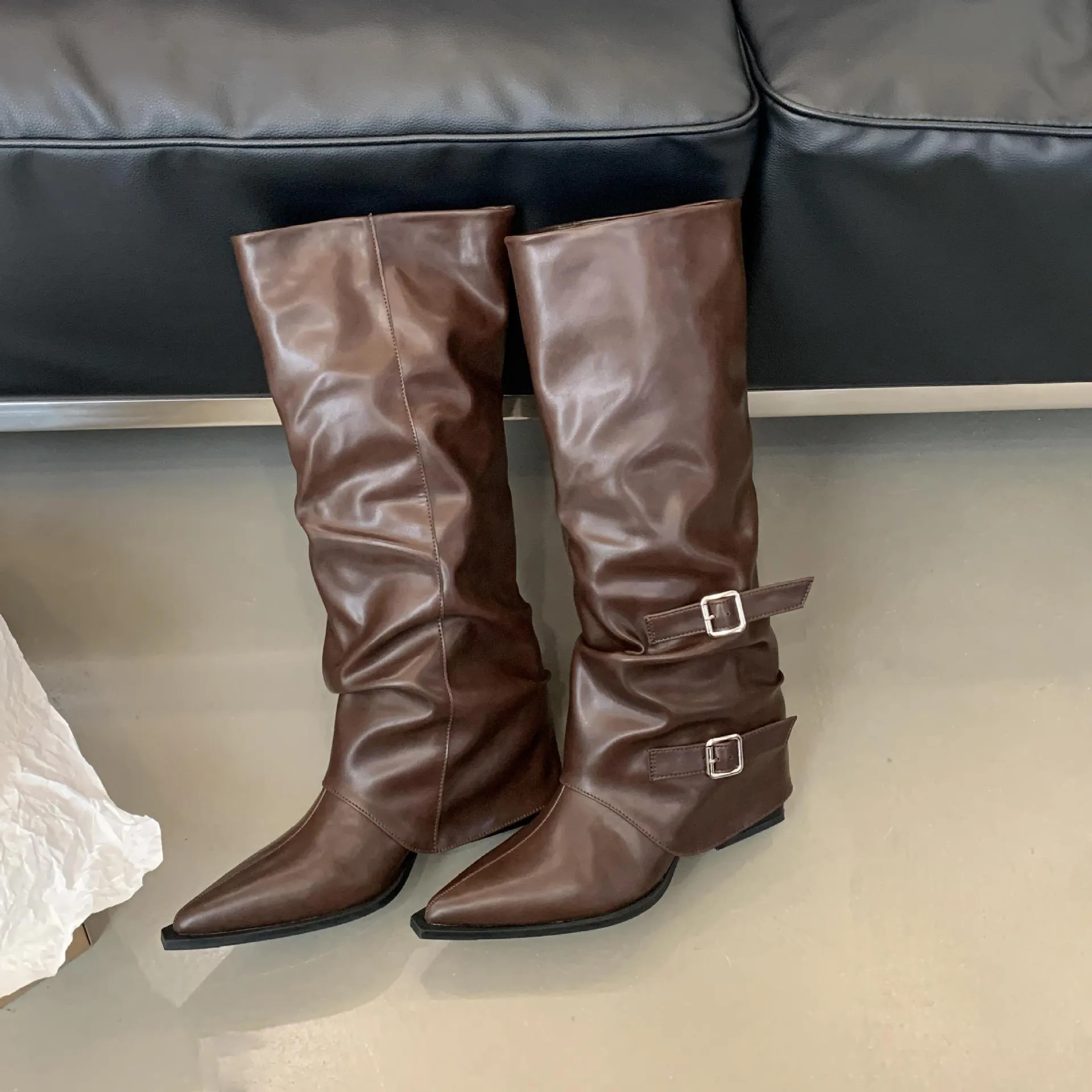 Pointed Buckle Pleated Pile Style Boots Punk Mid Heel Knee-high Wide Calf Boots for Women