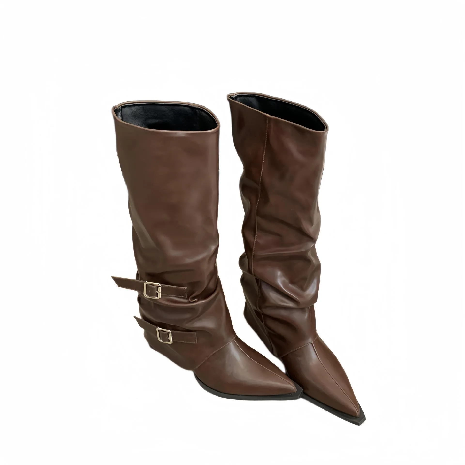 Pointed Buckle Pleated Pile Style Boots Punk Mid Heel Knee-high Wide Calf Boots for Women