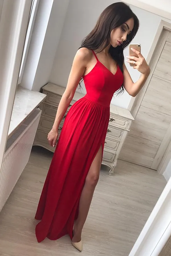 Red Chiffon A-Line V-Neck Floor-Length Spaghetti Straps Side Slit Prom Dress, MP168