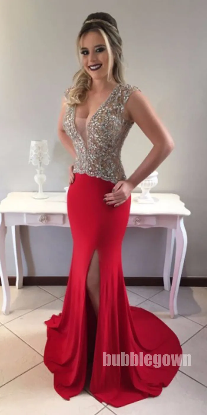 Red Side Split Beaded Top Mermaid Sexy Long Evening Prom Dress, BGP052