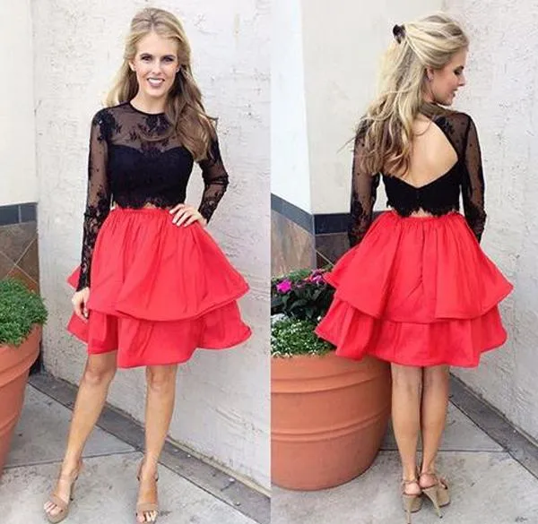 Red Two Piece Black Lace Skirt Long Sleeves Homecoming Dress, Short Prom Dress, MH129