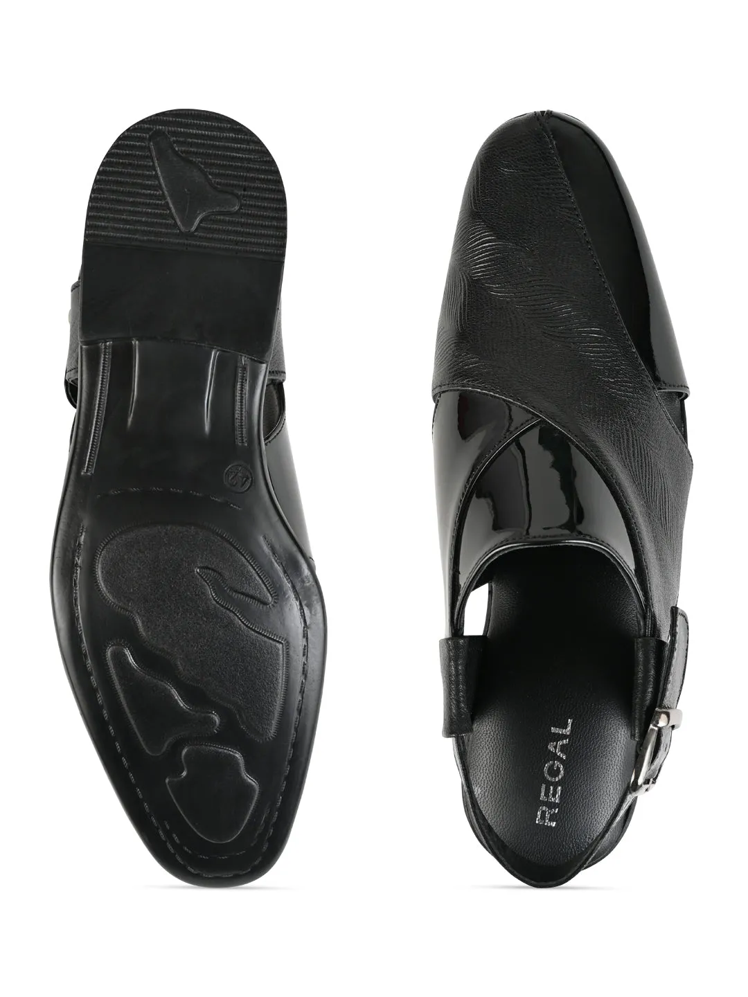 Regal Black Men Textured Leather Slip On Sandals