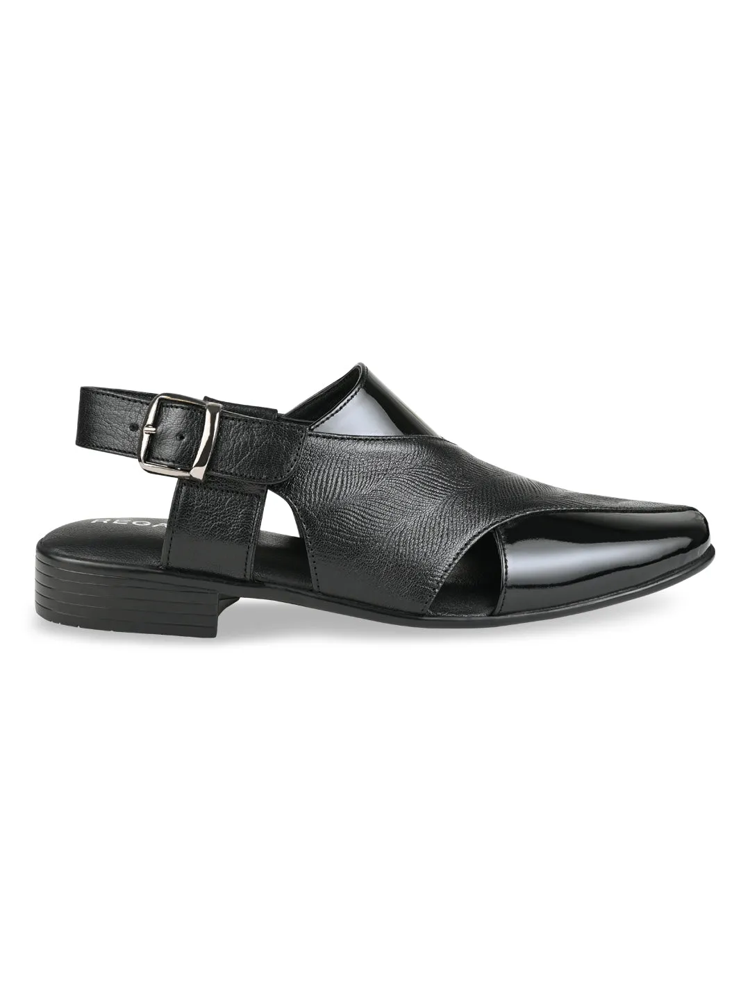 Regal Black Men Textured Leather Slip On Sandals
