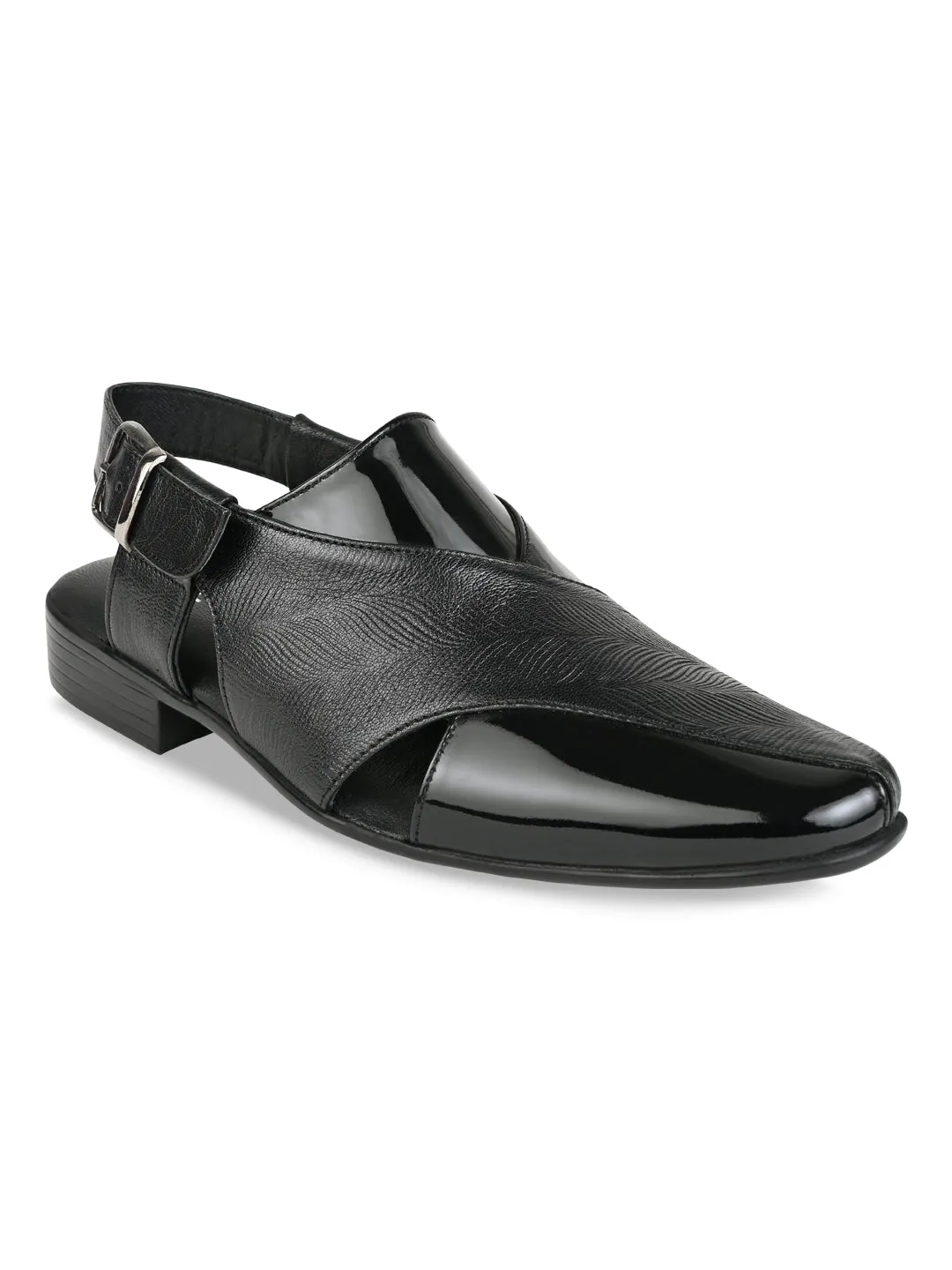Regal Black Men Textured Leather Slip On Sandals