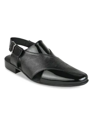 Regal Black Men Textured Leather Slip On Sandals