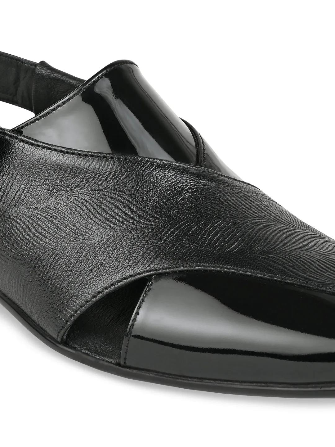 Regal Black Men Textured Leather Slip On Sandals