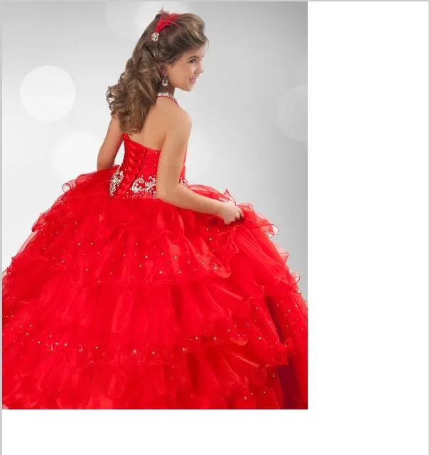 Rhinestone Halter Sequin Strapless Flower Girl Dresses Long Organza Ball Gown