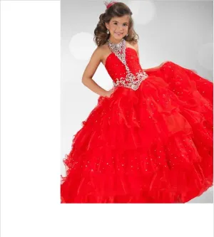 Rhinestone Halter Sequin Strapless Flower Girl Dresses Long Organza Ball Gown