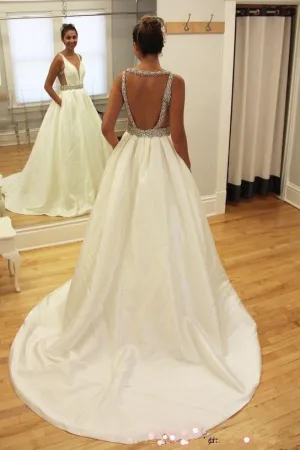 Roycebridal White Beaded Deep V Neckline A-line Backless Long Wedding Dresses, MW214