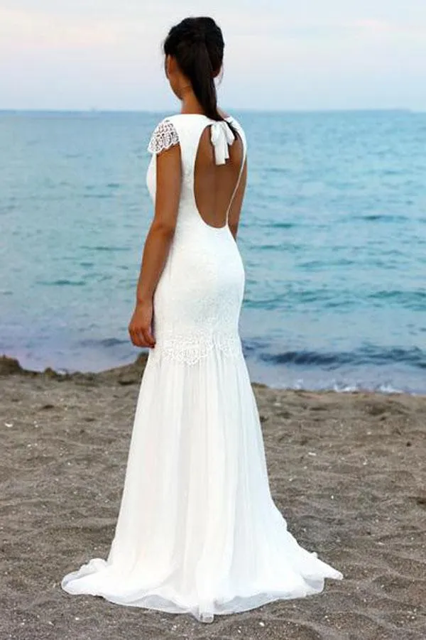 Roycebridal White Cap Sleeves Scoop Neck Open Back Lace Beach Wedding Dresses, MW199
