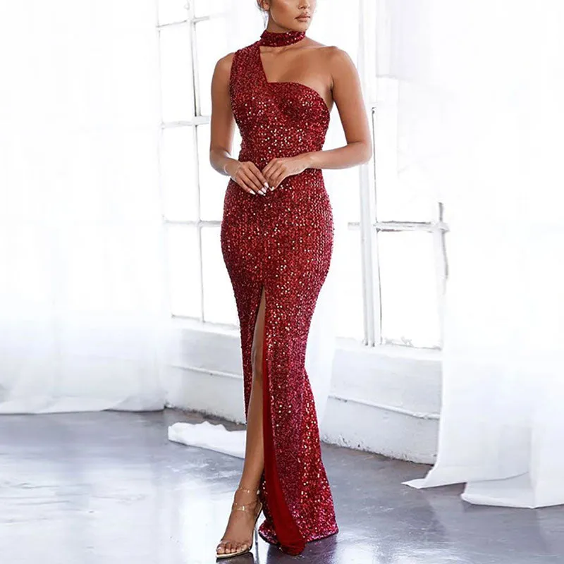 Sequins One Shoulder Sleeveless High Slit Maxi Dress
