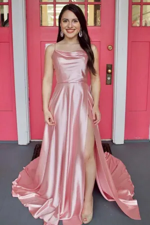 Simple Pink Satin Long Prom Dress with High Slit, Long Pink Formal Graduation Evening Dress A1572