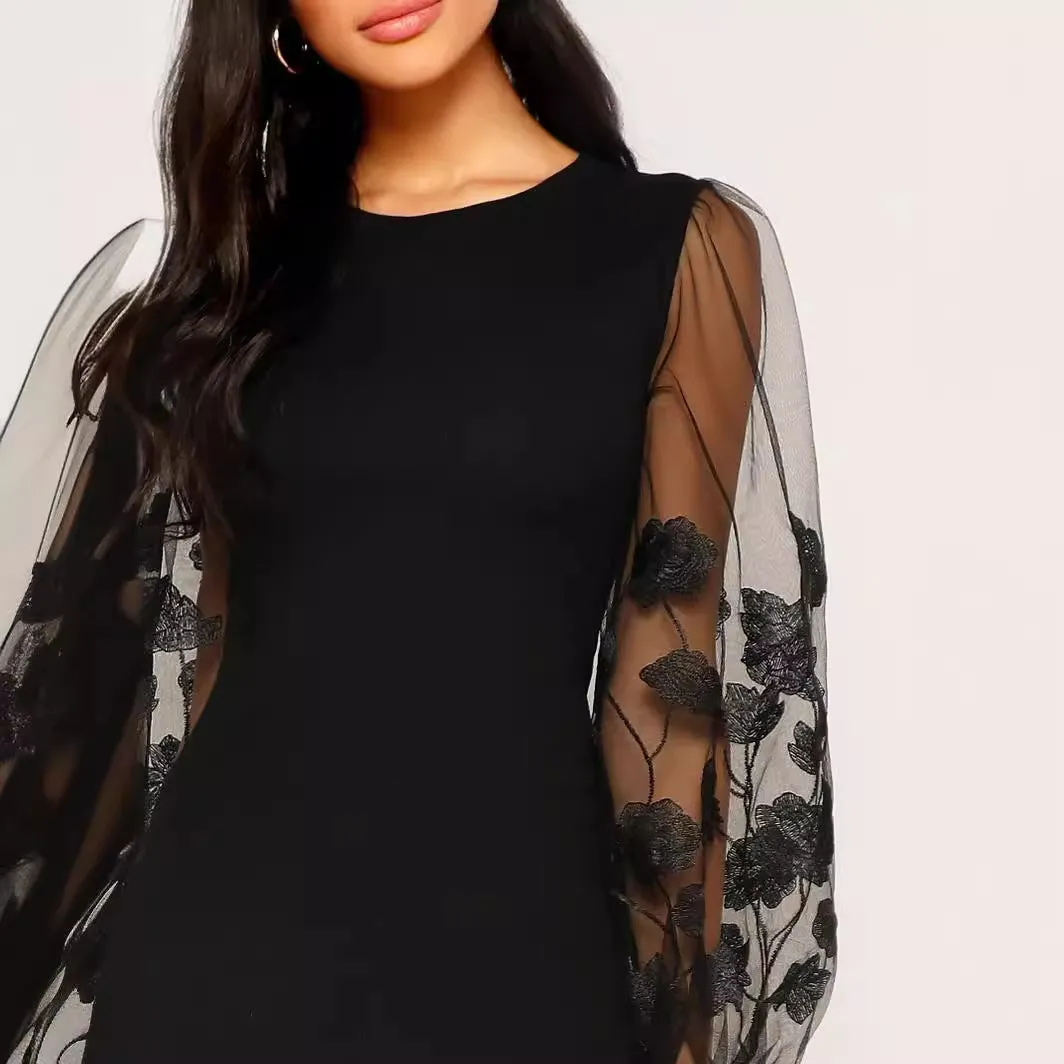 Solid Color Mesh Sleeves Dress